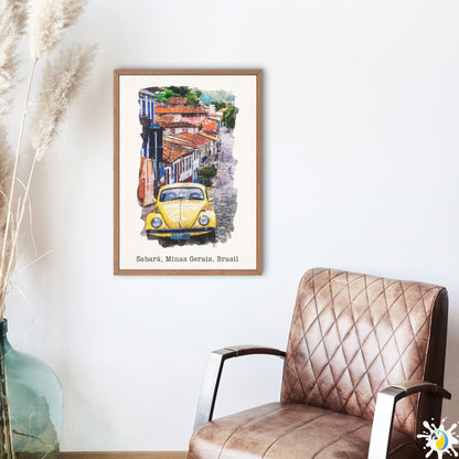 Sabará MG Brazil Watercolor Painting • Brazilian Village Premium Canvas Print • VW Beetle Minas Gerais Travel Poster • Trip Souvenir Gift • Papagaio Studio Shop