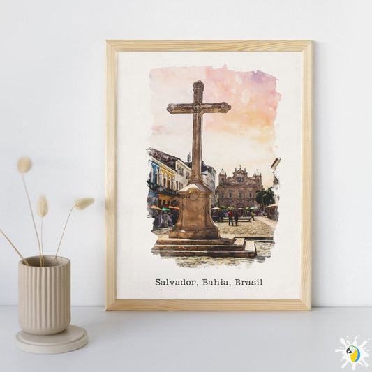 Salvador Bahia Watercolor Painting • Largo Do Pelourinho Premium Canvas Print • Brazil Travel Poster • Brazilian City Trip Souvenir Gift • Papagaio Studio Shop