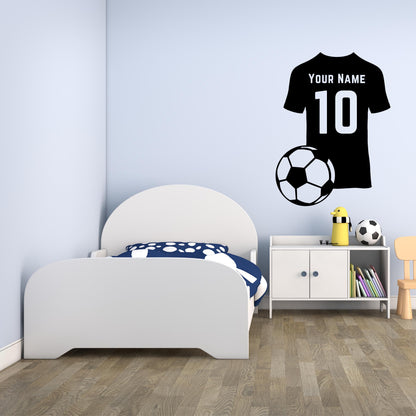 Custom Name & Number Soccer Jersey And Ball Wall Sticker For Kids Room Decor • Personalized Football Team Uniform Vinyl Decal Mural Adhesive • Papagaio Studio Design Shop