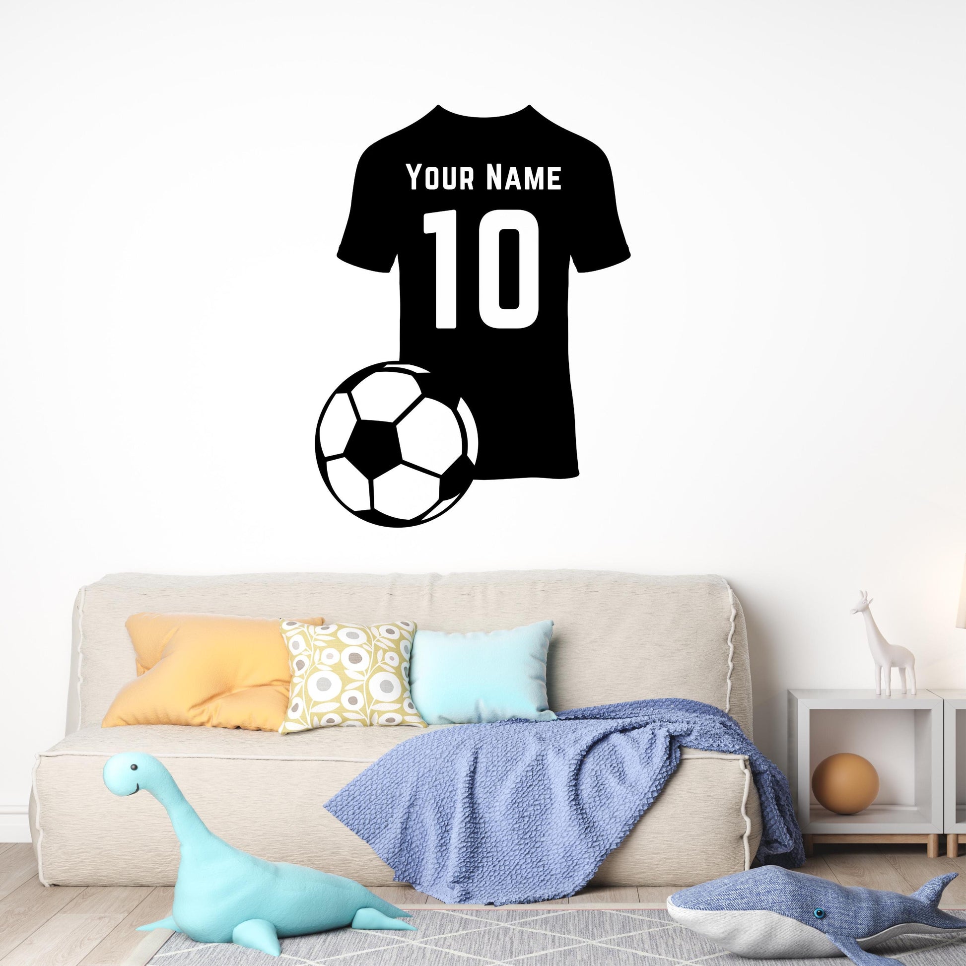 Custom Name & Number Soccer Jersey And Ball Wall Sticker For Kids Room Decor • Personalized Football Team Uniform Vinyl Decal Mural Adhesive • Papagaio Studio Design Shop