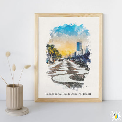 Copacabana Promenade Premium Canvas Print • Rio De Janeiro Watercolor Painting • Brazil Travel Poster • Brazilian City Trip Souvenir Gift • Papagaio Studio Design Shop