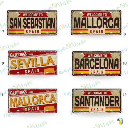 Spain Landmark License Plate Tin Sign • Spanish City Metal Print • Euro Trip Souvenir • Decorative Plaque Wall Decor • Europe Traveler Gift • Papagaio Studio Design Shop