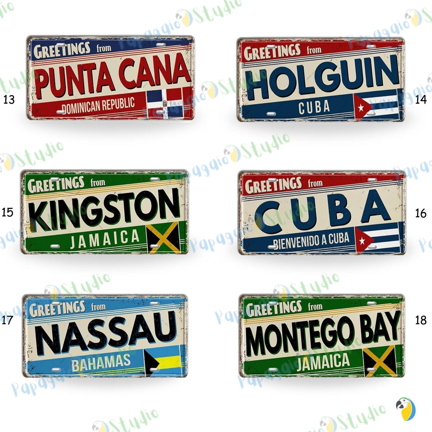 Caribbean Island License Plate Tin Signs • Tropical Travel Souvenir Metal Prints • Decorative Wall Plaques for Home and Bar Decor • Papagaio Studio Design Shop