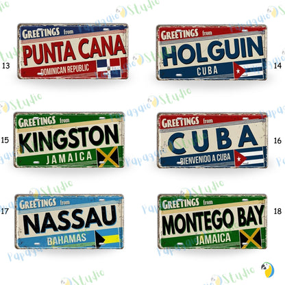 Caribbean Island License Plate Tin Signs • Tropical Travel Souvenir Metal Prints • Decorative Wall Plaques for Home and Bar Decor • Papagaio Studio Design Shop