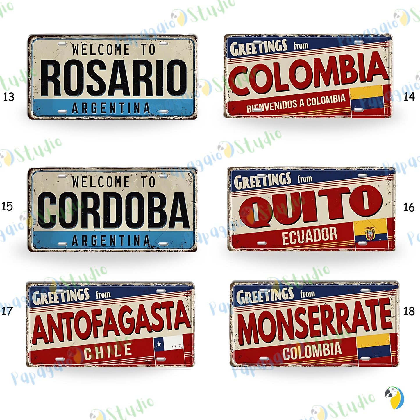 South American City License Plate Tin Sign • Vintage Travel Souvenir Metal Print • Latin American Decorative Plaque Wall Art • Papagaio Studio Design Shop