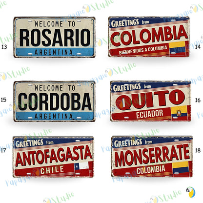 South American City License Plate Tin Sign • Vintage Travel Souvenir Metal Print • Latin American Decorative Plaque Wall Art • Papagaio Studio Design Shop