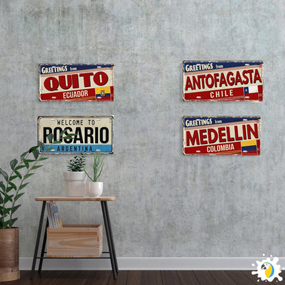 South American City License Plate Tin Sign • Vintage Travel Souvenir Metal Print • Latin American Decorative Plaque Wall Art • Papagaio Studio Design Shop