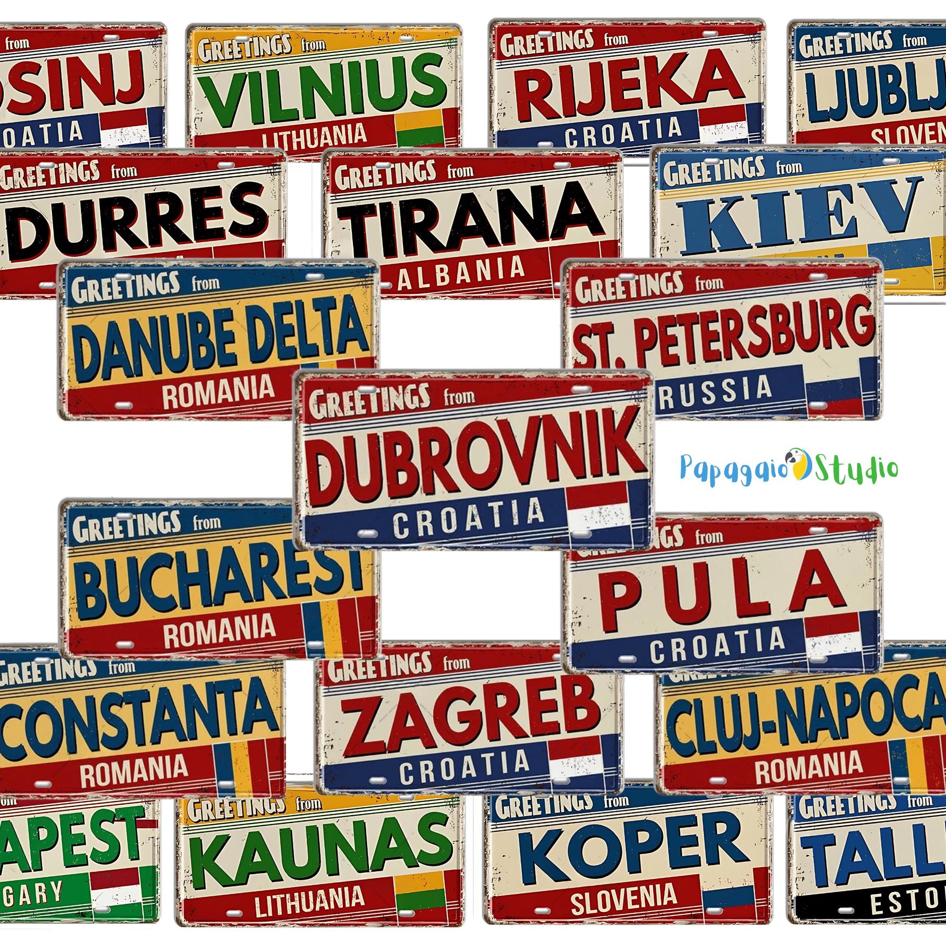 Baltic, Slavic, and Balkans Souvenir Tin Signs • Vintage Europe License Plate Metal Prints • Greetings From Iconic European Cities Tinplates • Papagaio Studio Design Shop