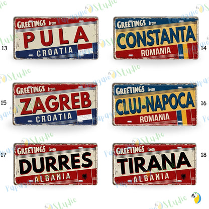 Baltic, Slavic, and Balkans Souvenir Tin Signs • Vintage Europe License Plate Metal Prints • Greetings From Iconic European Cities Tinplates • Papagaio Studio Design Shop