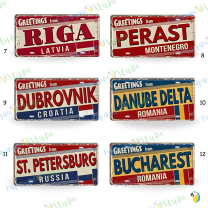 Baltic, Slavic, and Balkans Souvenir Tin Signs • Vintage Europe License Plate Metal Prints • Greetings From Iconic European Cities Tinplates • Papagaio Studio Design Shop