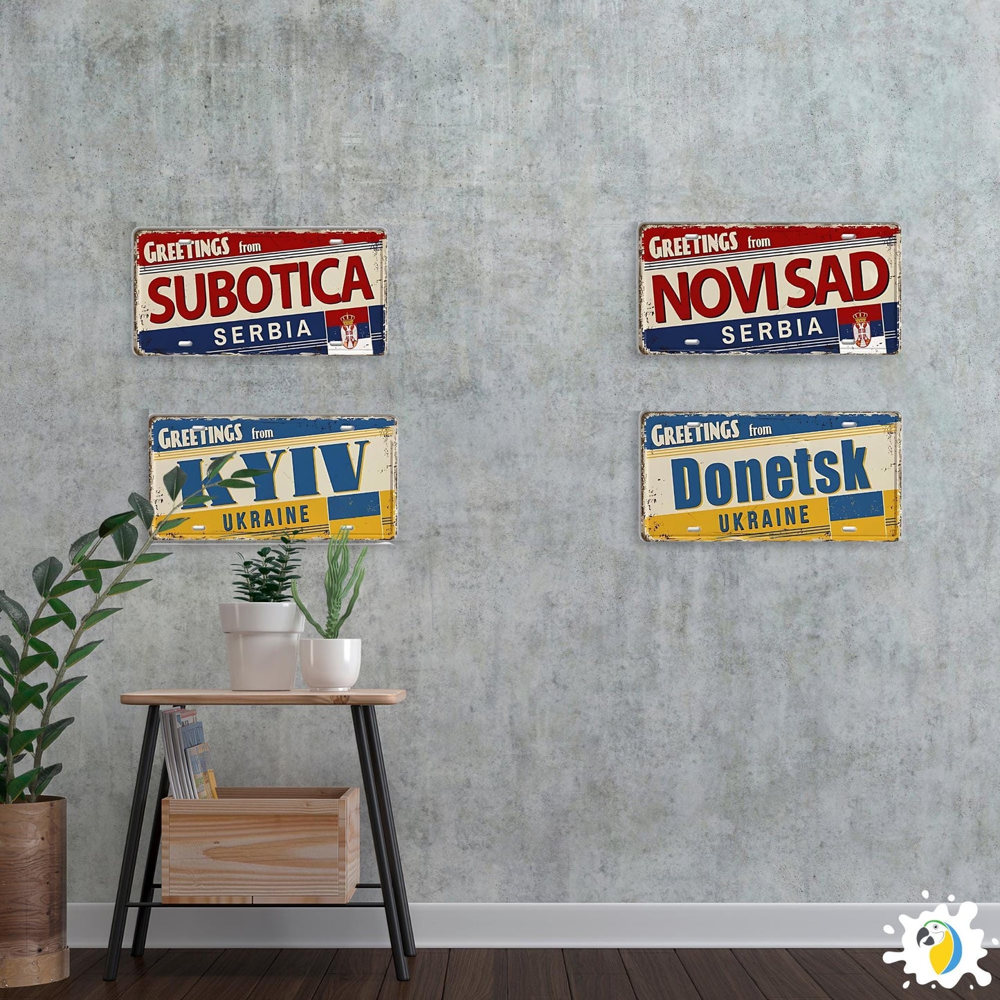 Vintage Eastern Europe Tin Signs • Retro Slavic Metal License Plates • Cyrillic Writing Wall Decor Print • Gift For Travel Enthusiasts • Papagaio Studio Design Shop