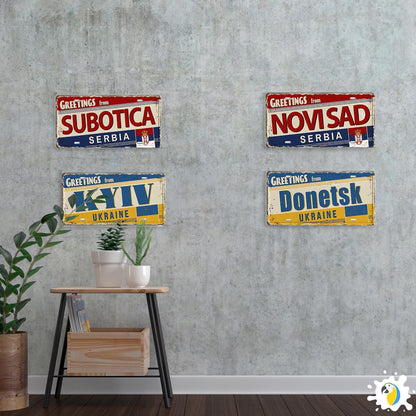 Vintage Eastern Europe Tin Signs • Retro Slavic Metal License Plates • Cyrillic Writing Wall Decor Print • Gift For Travel Enthusiasts • Papagaio Studio Design Shop