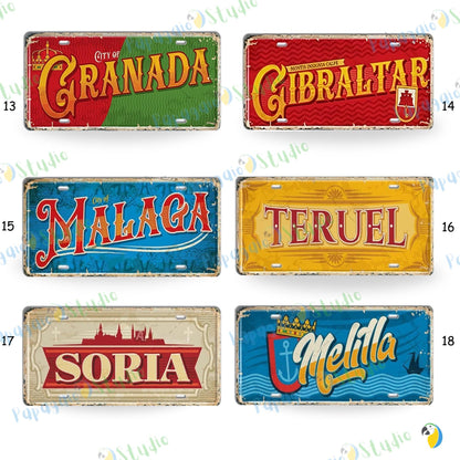 Vintage Spanish Cities Tin Signs • Retro Metal License Plates • Nostalgic Wall Decor Print • Gift for Spain Lovers and Travel Enthusiasts • Papagaio Studio Design Shop