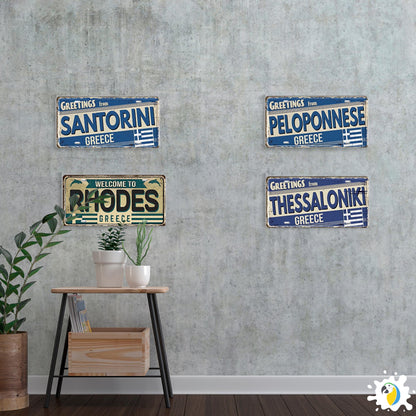 Greek Island License Plates • Retro Greece Tin Signs • Vintage Landmark Decorative Metal Print Wall Art • Ideal Gift for Travel Enthusiasts • Papagaio Studio Design Shop