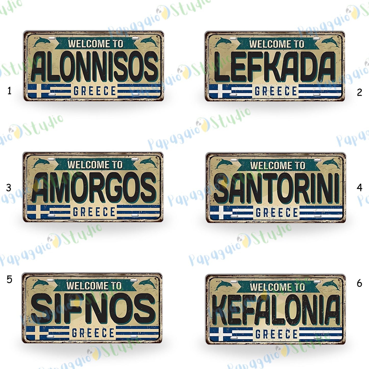 Greek Island License Plates • Retro Greece Tin Signs • Vintage Landmark Decorative Metal Print Wall Art • Ideal Gift for Travel Enthusiasts • Papagaio Studio Design Shop