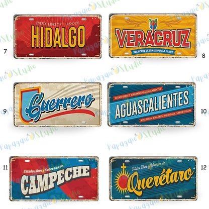 Mexican States Vintage Tin Signs • Retro Mexico License Plates • Decorative Metal Print Wall Art • Perfect Gift For Travel Enthusiasts • Papagaio Studio Design Shop