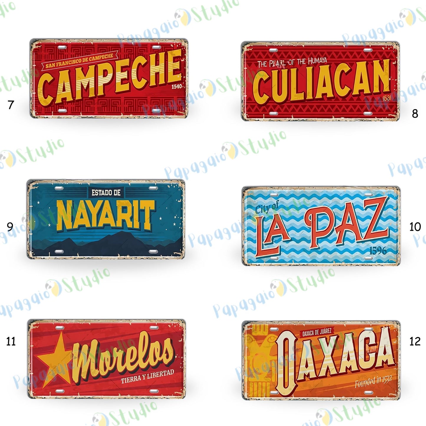 Mexico Landmarks Vintage Tin Signs • Retro Mexican State License Plates • Metal Wall Decor Print • Gift For Travel Enthusiasts • Papagaio Studio Design Shop