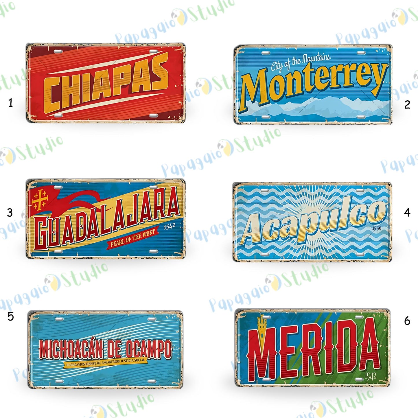 Mexico Landmarks Vintage Tin Signs • Retro Mexican State License Plates • Metal Wall Decor Print • Gift For Travel Enthusiasts • Papagaio Studio Design Shop