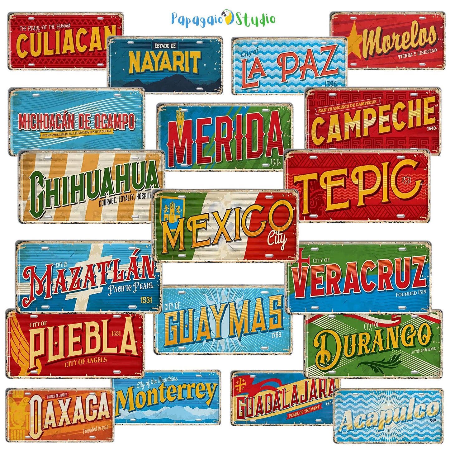 Mexico Landmarks Vintage Tin Signs • Retro Mexican State License Plates • Metal Wall Decor Print • Gift For Travel Enthusiasts • Papagaio Studio Design Shop