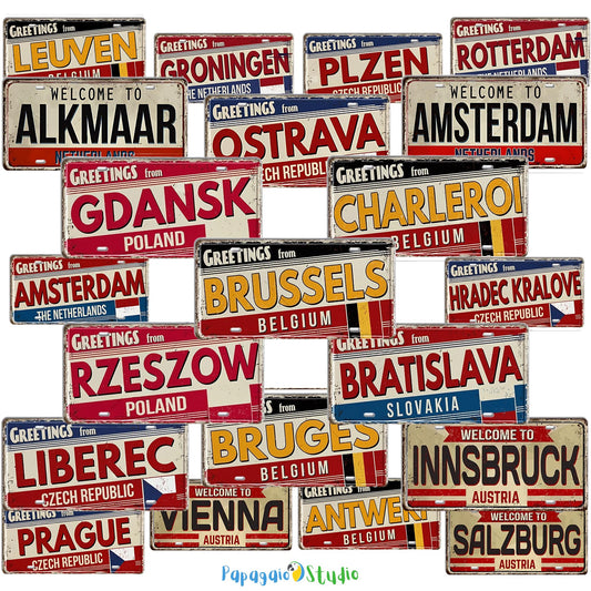 Belgium Netherlands Tin Signs • Austria Poland Metal License Plates • Vintage European Wall Decor • Gift For Europe Travel Enthusiasts • Papagaio Studio Design Shop