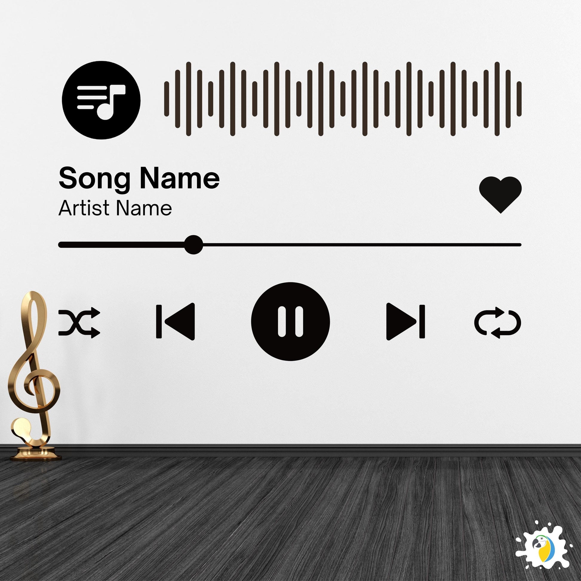 Personalized Music Player Wall Sticker • Custom Song And Artist Name Vinyl Decal • DIY Easy-To-Apply Audio Control Buttons Adhesive Decor • Papagaio Studio Design Shop