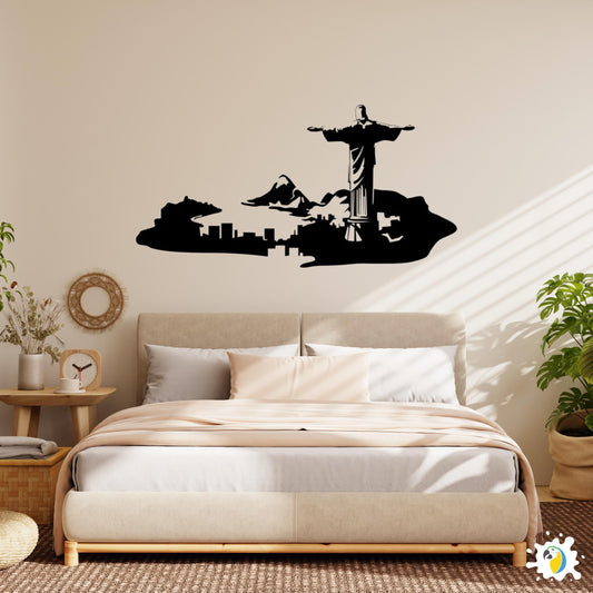 Rio De Janeiro Skyline Wall Sticker • Brazil Christ The Redeemer Vinyl Decal • Guanabara Bay DIY Easy-To-Apply Adhesive For Brazilian Decor • Papagaio Studio Design Shop