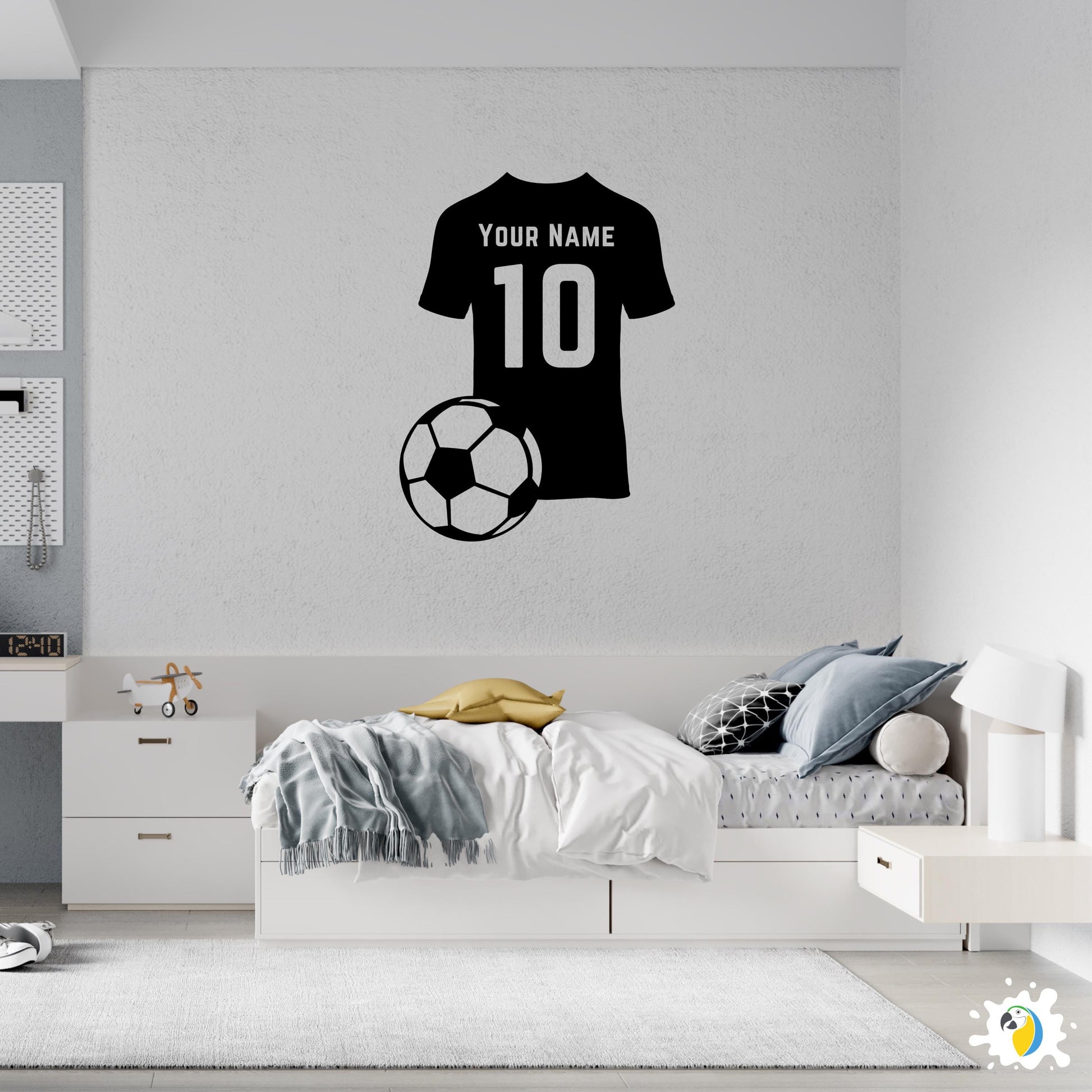 Custom Name & Number Soccer Jersey And Ball Wall Sticker For Kids Room Decor • Personalized Football Team Uniform Vinyl Decal Mural Adhesive • Papagaio Studio Design Shop