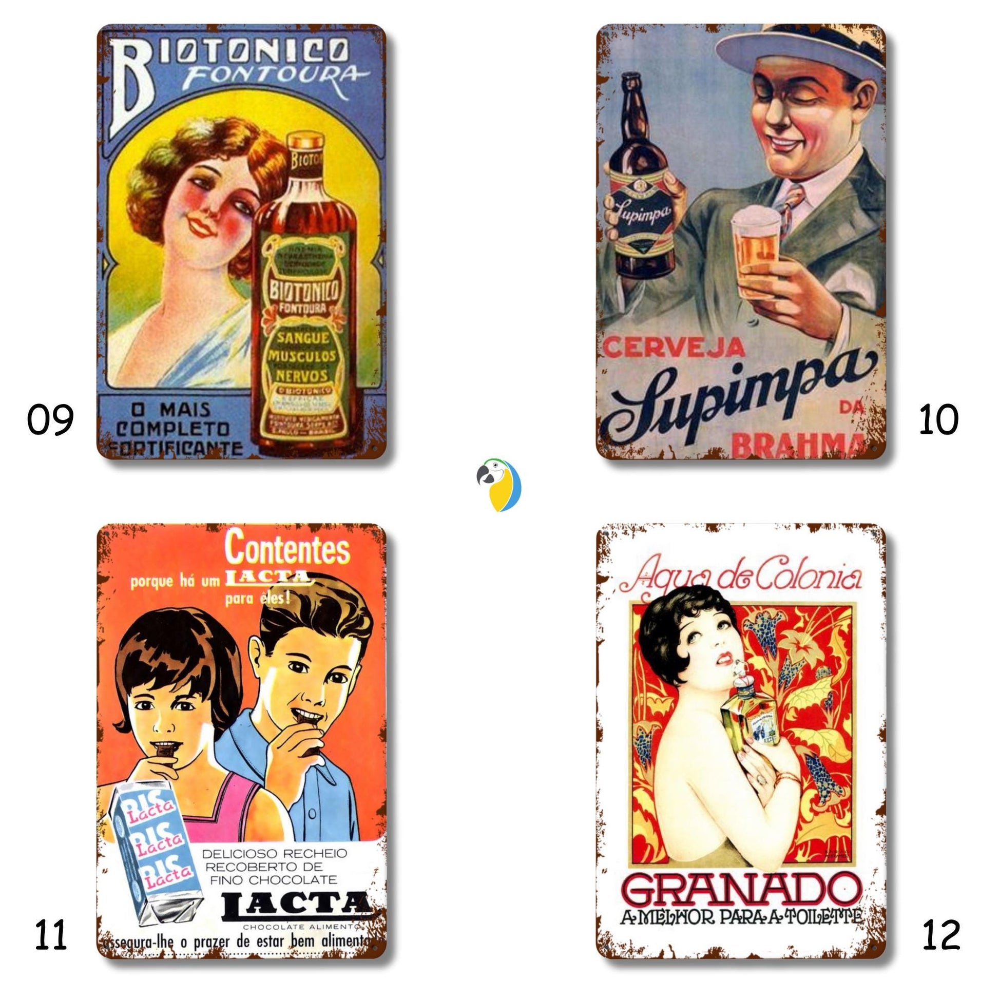 Vintage Brazilian Advertisement Tin Signs • Retro Brazil Commercial Ads Metal Plaques • Collectible Antique Style Decor • Rustic Wall Art • Papagaio Studio Design Shop