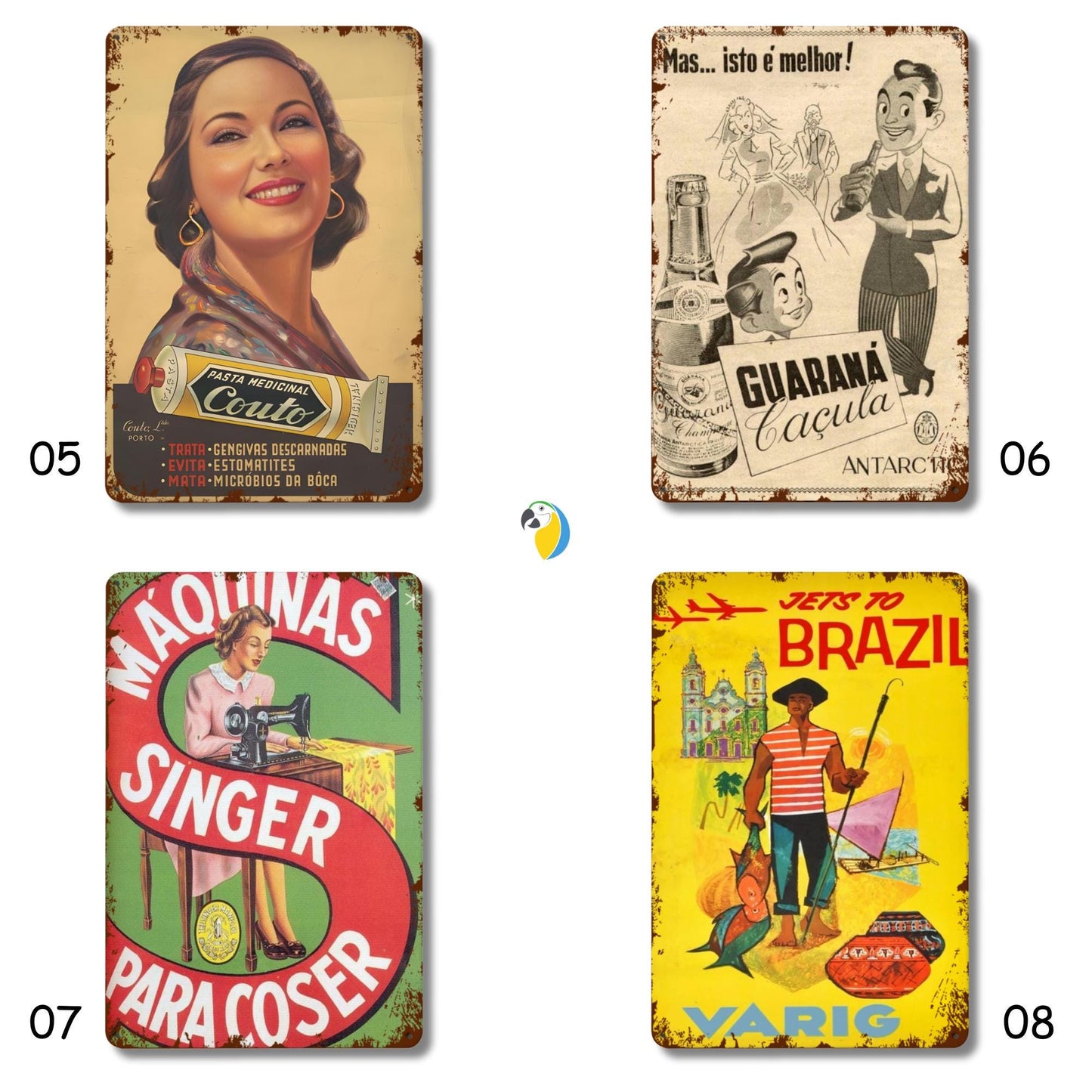 Vintage Brazilian Advertisement Tin Signs • Retro Brazil Commercial Ads Metal Plaques • Collectible Antique Style Decor • Rustic Wall Art • Papagaio Studio Design Shop