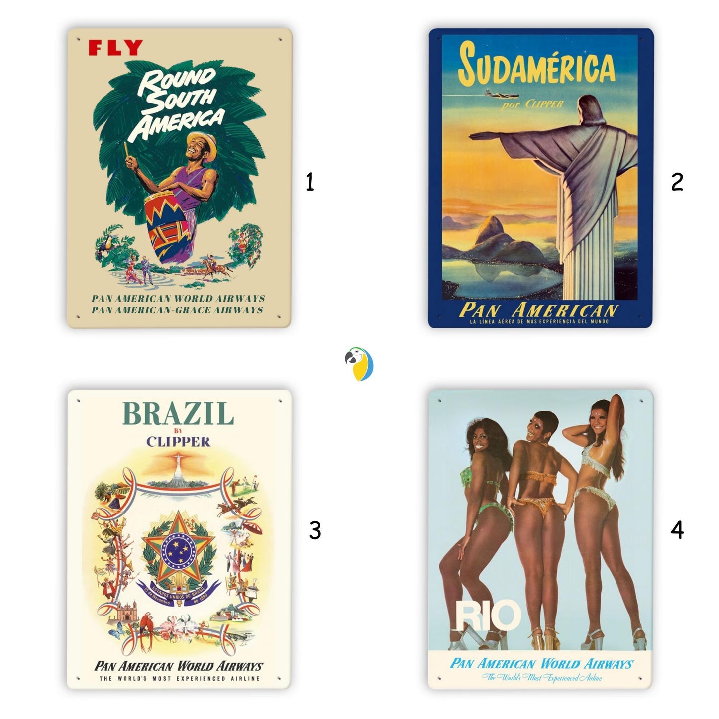 Pan Am Brazil South America Rio Vintage Travel Posters • 1950s Aviation Tin Signs • Retro Pan American Airline Metal Print • AvGeeks Gift • Papagaio Studio Digital Designs Shop