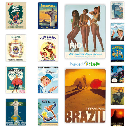 Pan Am Brazil South America Rio Vintage Travel Posters • 1950s Aviation Tin Signs • Retro Pan American Airline Metal Print • AvGeeks Gift • Papagaio Studio Digital Designs Shop