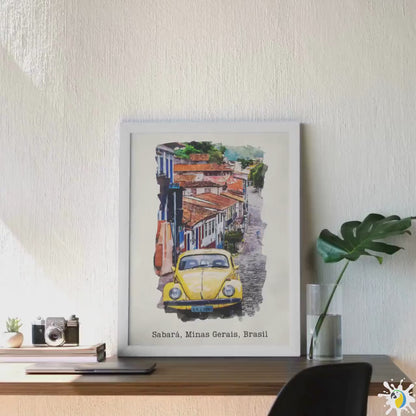 Sabará MG Brazil Watercolor Painting • Brazilian Village Premium Canvas Print • VW Beetle Minas Gerais Travel Poster • Trip Souvenir Gift