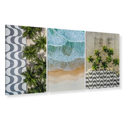 Three panels of beach-themed wall art with palm trees and ocean waves.