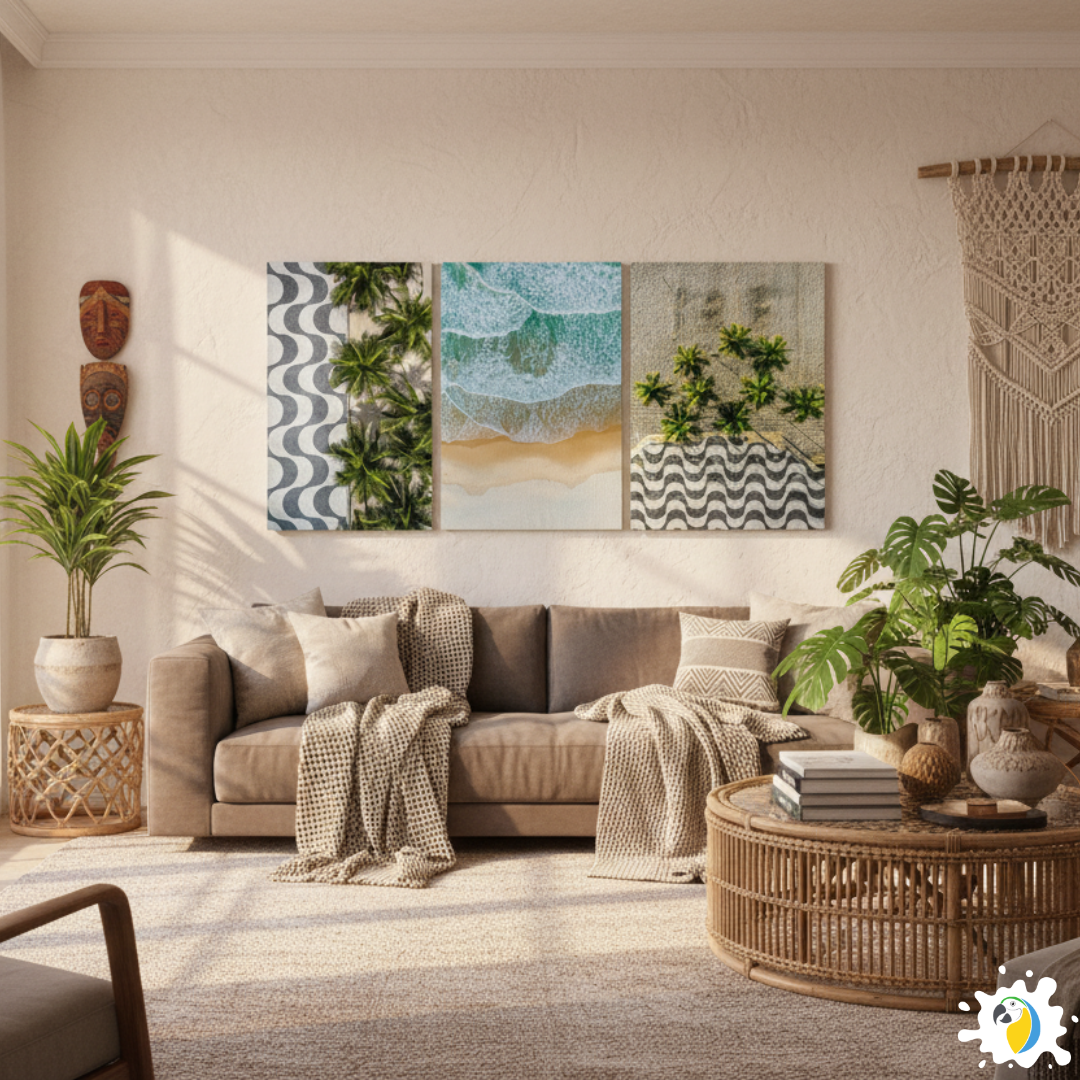 Modern living room with a beige sofa, decorative plants, and beach-themed wall art.