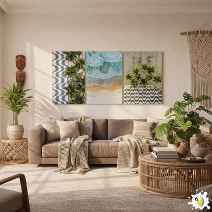 Modern living room with a beige sofa, decorative plants, and beach-themed wall art.