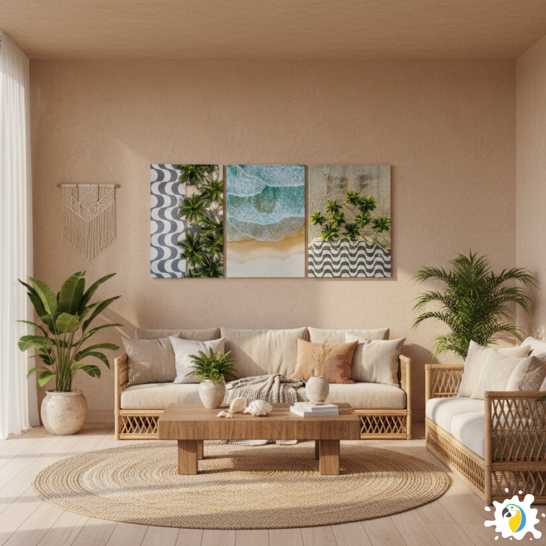 Modern living room with beige walls, a wooden coffee table, and decorative plants.