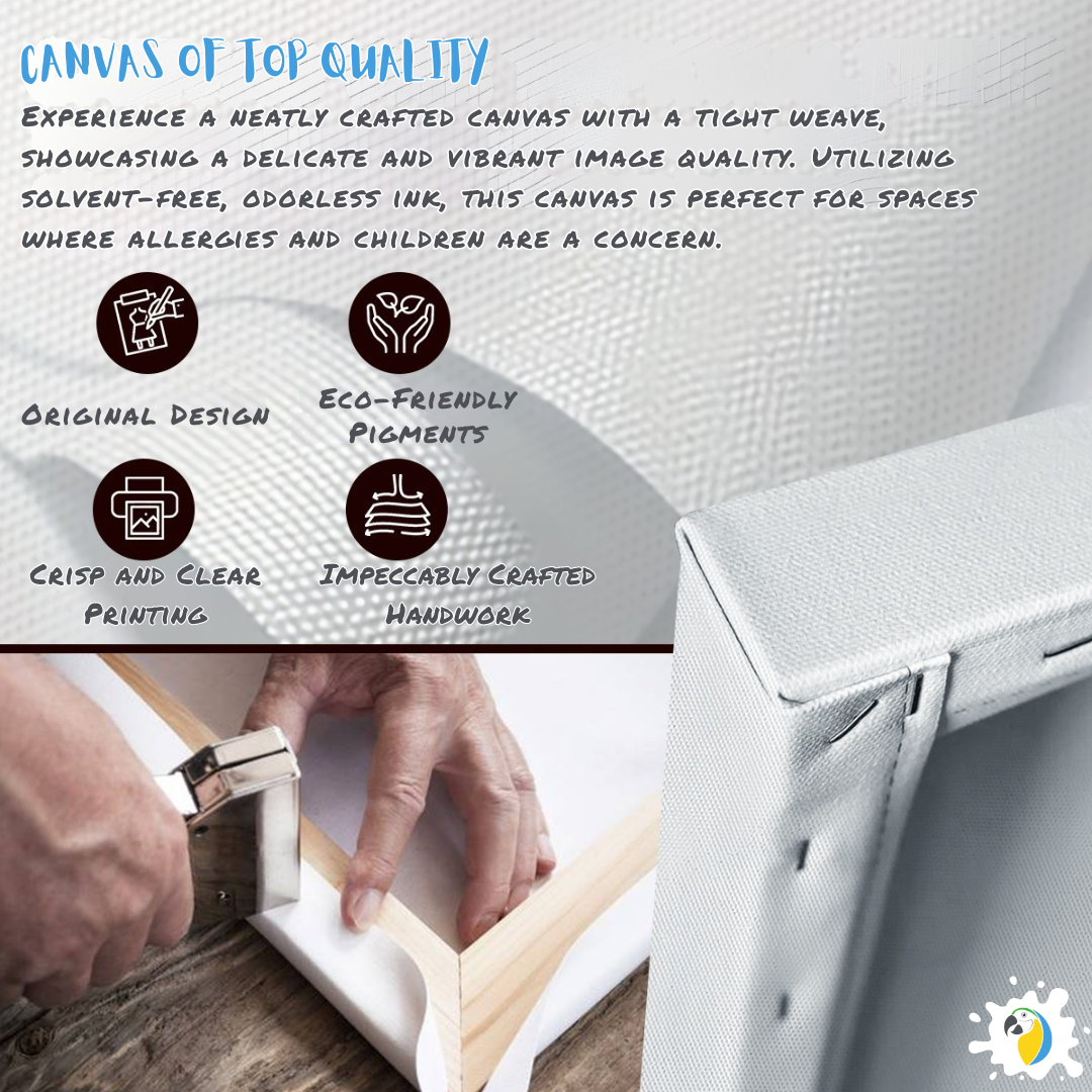 Canvas with text about quality and features, close-up of hands working on a canvas, and a hand holding a paintbrush.