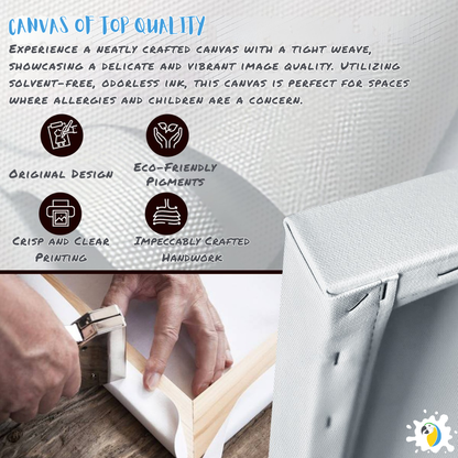 Canvas with text about quality and features, close-up of hands working on a canvas, and a hand holding a paintbrush.