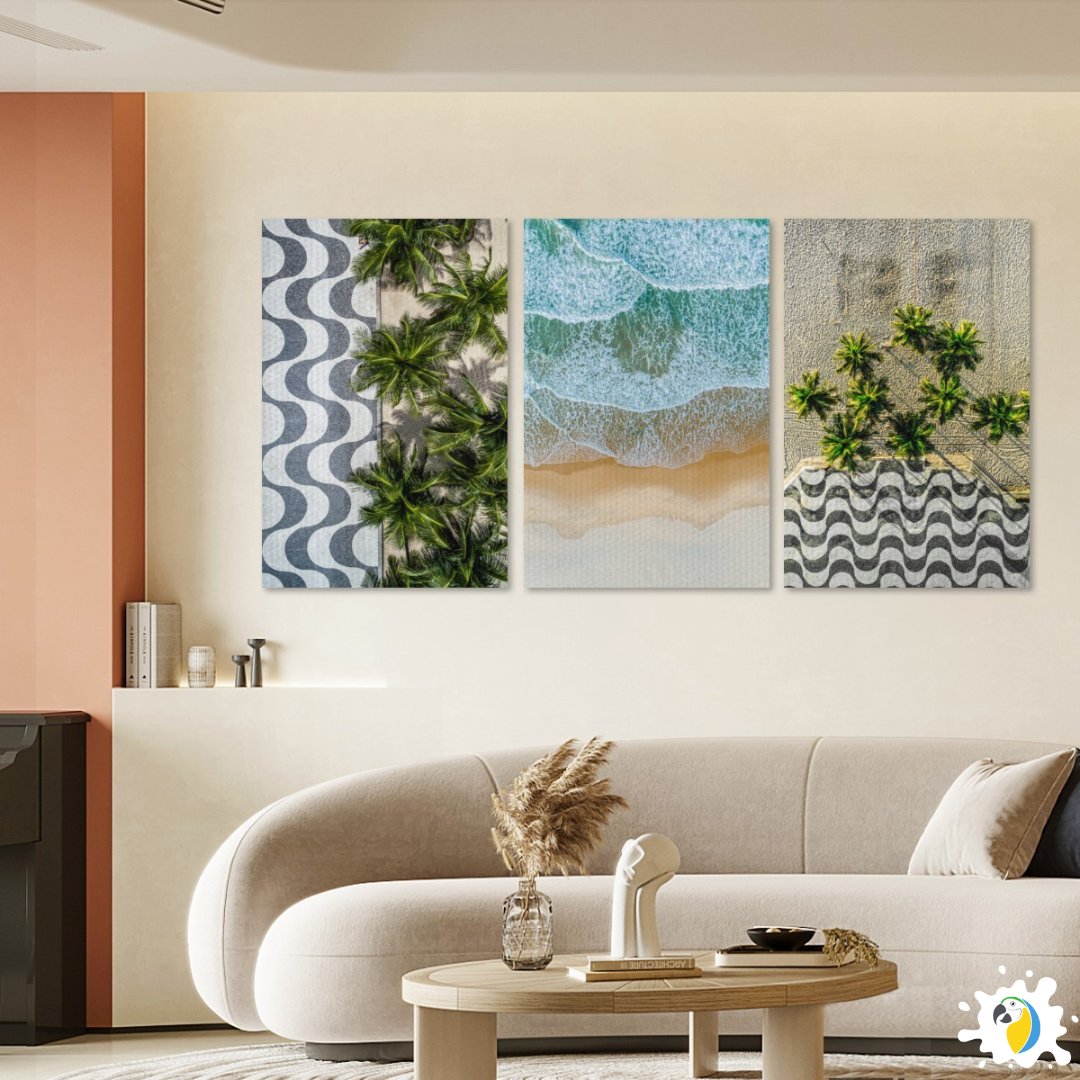 A contemporary lounge featuring three Rio de Janeiro-inspired beach-themed wall artworks.