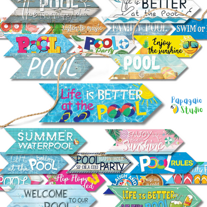 Retro Swimming Pool Wood Sign • Summer Arrow Wooden Sign Wall Hanging • Tropical Beach House Decor For Family Swimming Pool Area • Papagaio Studio Design Shop