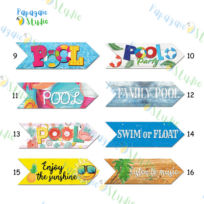 Retro Swimming Pool Wood Sign • Summer Arrow Wooden Sign Wall Hanging • Tropical Beach House Decor For Family Swimming Pool Area • Papagaio Studio Design Shop