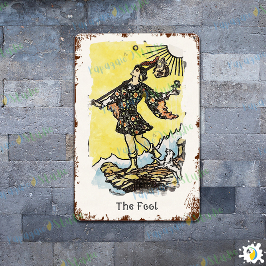 Tin Sign Of The Fool Tarot Card • Major Arcana 0 Vintage Tinplate Painting • Esoteric Witchy Metal Print • Papagaio Studio & Apollo Tarot Partnership