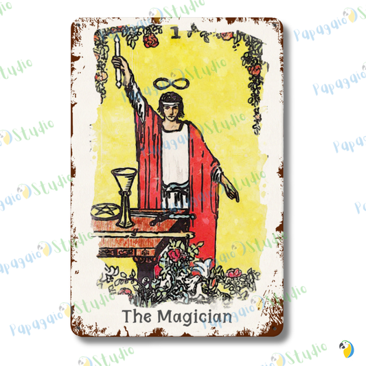 Tin Sign Of The Magician Tarot Card • Major Arcana 1 Vintage Tinplate Painting • Esoteric Witchy Metal Print • Papagaio Studio Design Shop