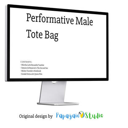 A stylish canvas tote bag featuring a self-aware aesthetic, designed for the modern male shopper. The bag showcases a unique performative design, blending functionality with contemporary art influences, perfect for carrying everyday essentials.