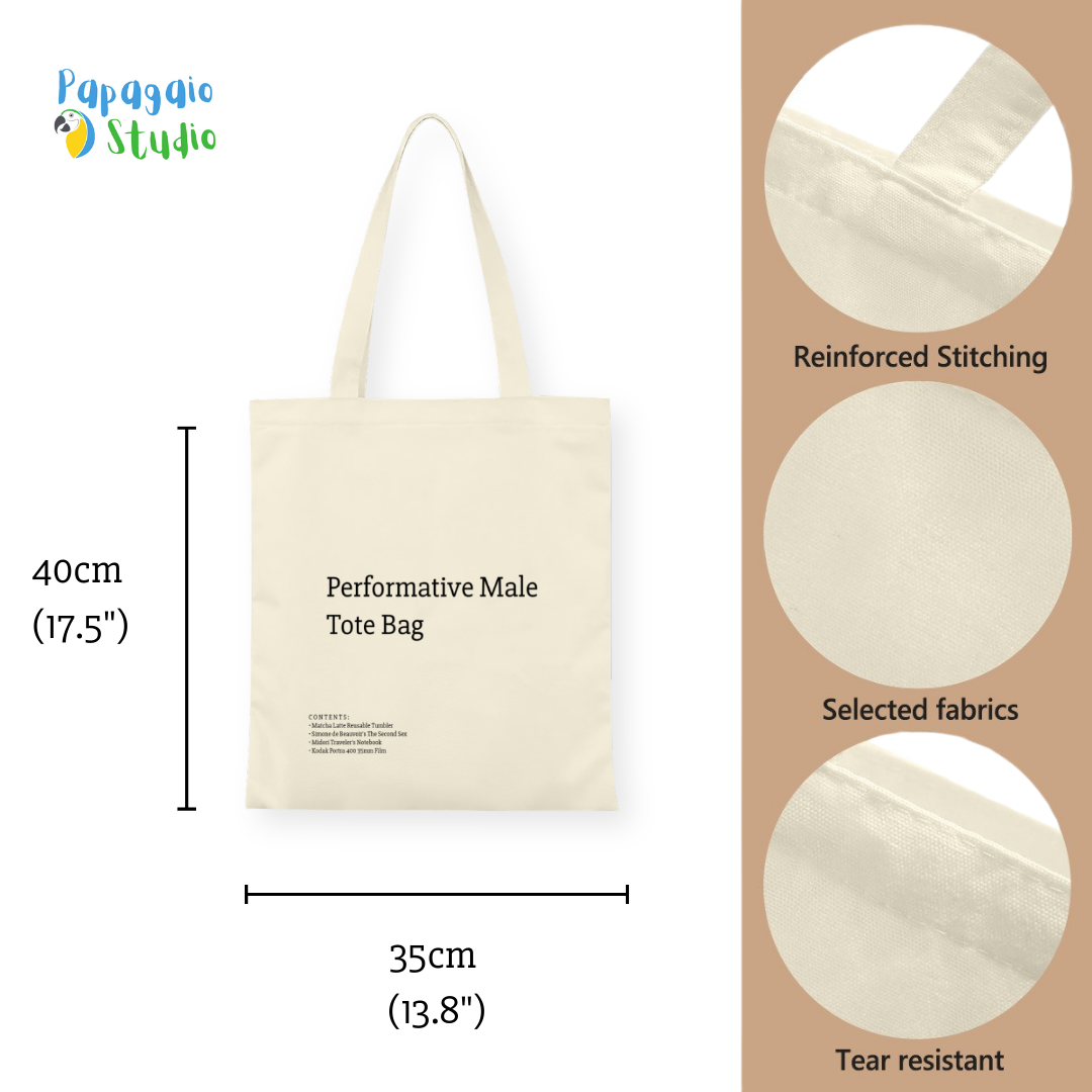 A stylish canvas tote bag featuring a self-aware aesthetic, designed for the modern male shopper. The bag showcases a unique performative design, blending functionality with contemporary art influences, perfect for carrying everyday essentials.