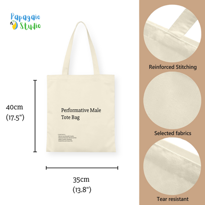 A stylish canvas tote bag featuring a self-aware aesthetic, designed for the modern male shopper. The bag showcases a unique performative design, blending functionality with contemporary art influences, perfect for carrying everyday essentials.