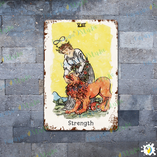 Tin Sign Of The Strenght Tarot Card • Major Arcana 8 Vintage Tinplate Painting • Papagaio Studio Shop