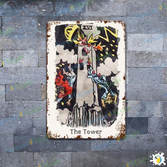 Tin Sign Of The Tower Tarot Card • Major Arcana 16 Vintage Tinplate Painting • Papagaio Studio Shop