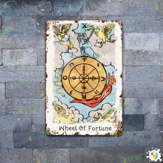 Tin Sign Of The Wheel Of Fortune Tarot Card • Major Arcana 10 Vintage Tinplate Painting • Papagaio Studio Shop