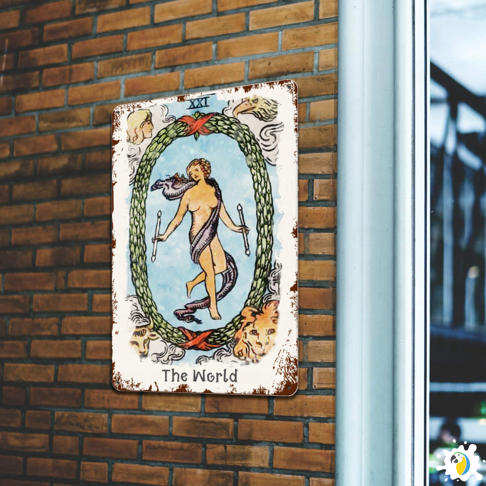 Tin Sign Of The World Tarot Card • Major Arcana 21 Vintage Tinplate Painting • Papagaio Studio Shop